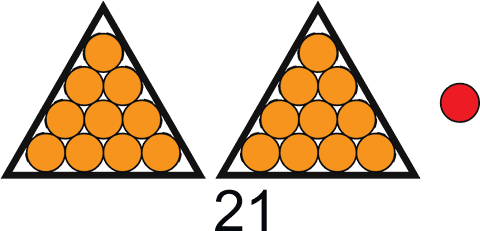 twenty-one: two orange ten-triangles and one red dot